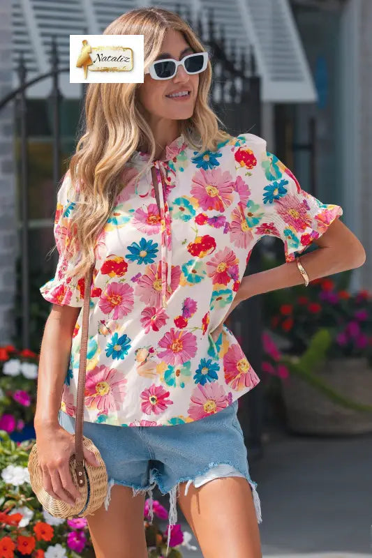 Beige Vibrant Summer Floral Tie V Neck Short Puff Sleeve Blouse Nataliz