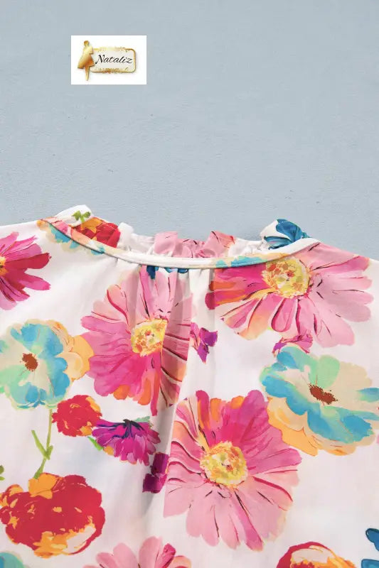 Beige Vibrant Summer Floral Tie V Neck Short Puff Sleeve Blouse Nataliz