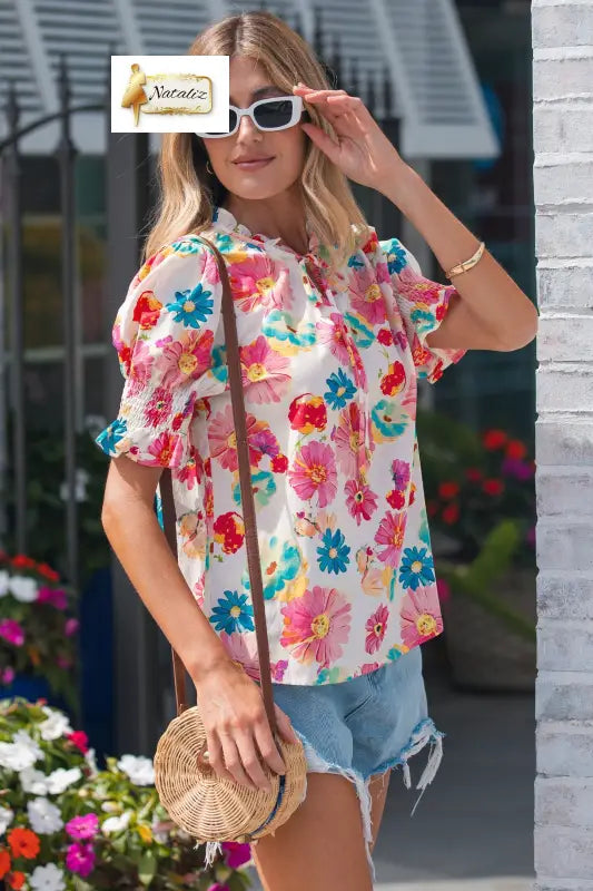Beige Vibrant Summer Floral Tie V Neck Short Puff Sleeve Blouse Nataliz