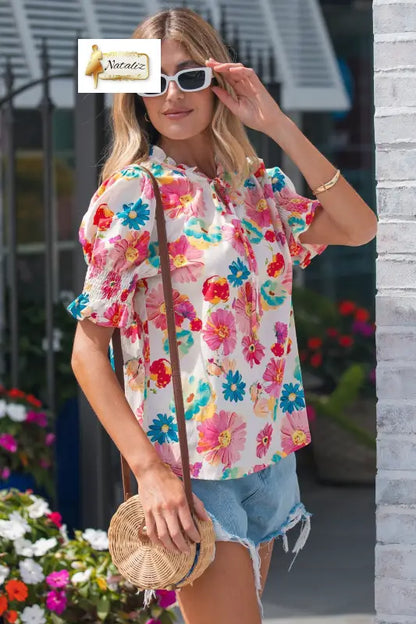 Beige Vibrant Summer Floral Tie V Neck Short Puff Sleeve Blouse Nataliz