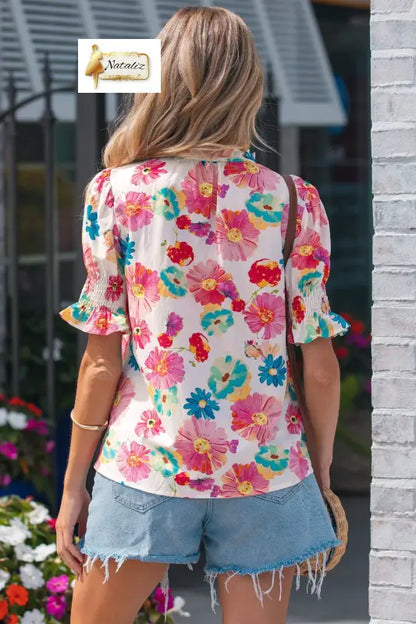 Beige Vibrant Summer Floral Tie V Neck Short Puff Sleeve Blouse Nataliz