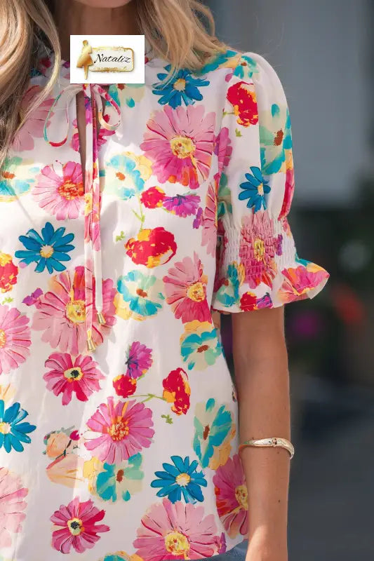 Beige Vibrant Summer Floral Tie V Neck Short Puff Sleeve Blouse Nataliz