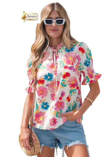 Beige Vibrant Summer Floral Tie V Neck Short Puff Sleeve Blouse Nataliz