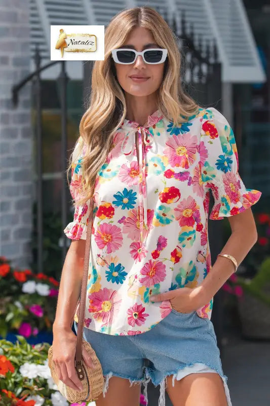 Beige Vibrant Summer Floral Tie V Neck Short Puff Sleeve Blouse Nataliz