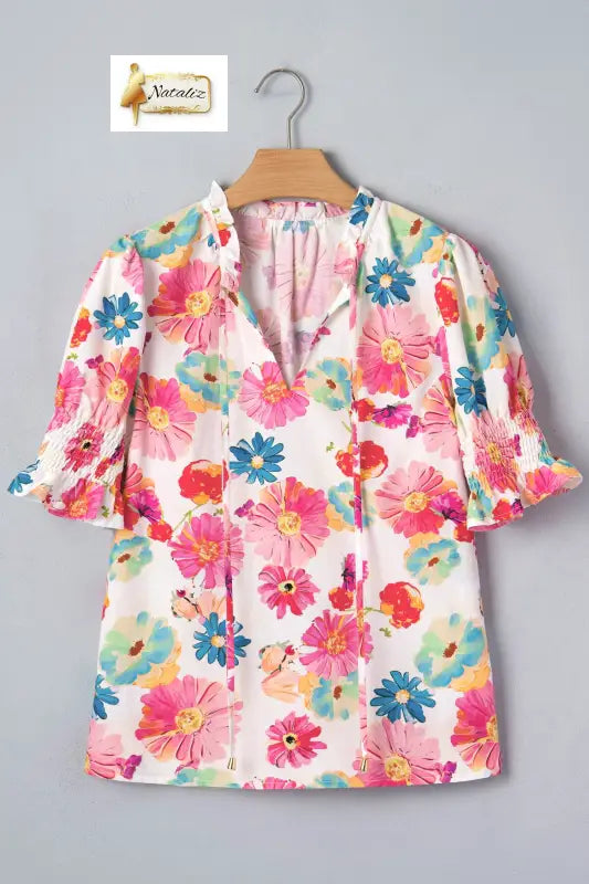 Beige Vibrant Summer Floral Tie V Neck Short Puff Sleeve Blouse Nataliz