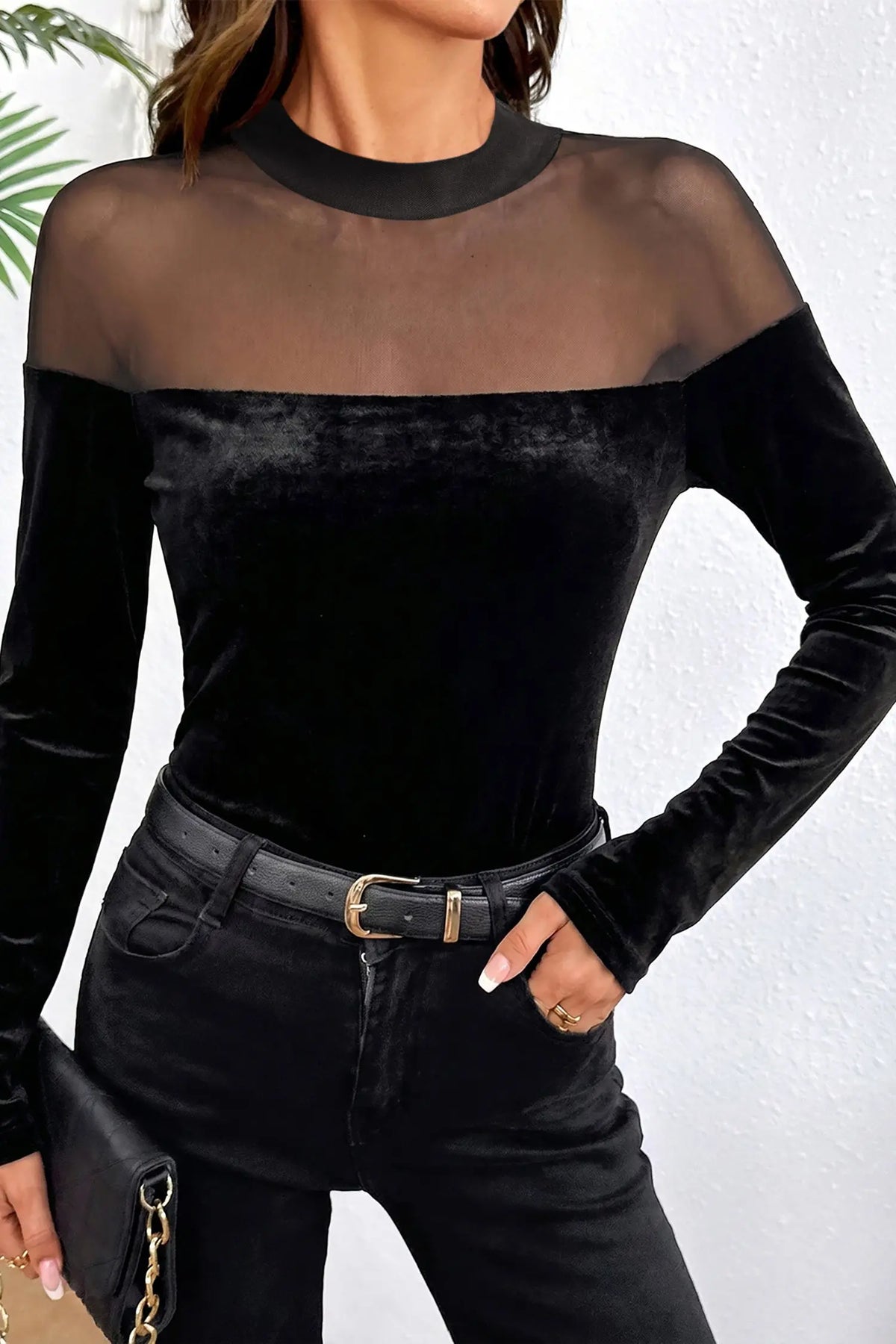 Velvet Long Sleeve Sheer Neck Patchwork Casual Pullover Top