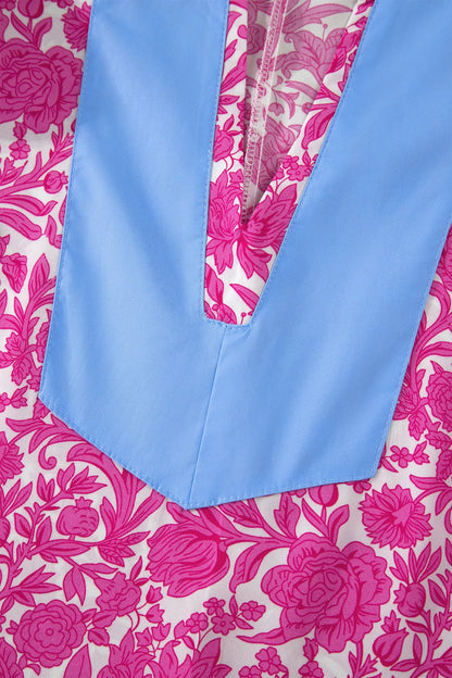 Pink Floral Print Color Block Patchwork V Neck Short Sleeve Midi Dress Nataliz