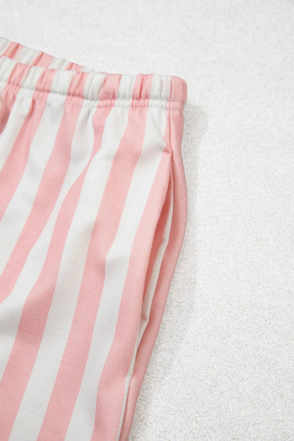 Gossamer Pink Striped Color Block Pullover Top Drawstring Shorts Set