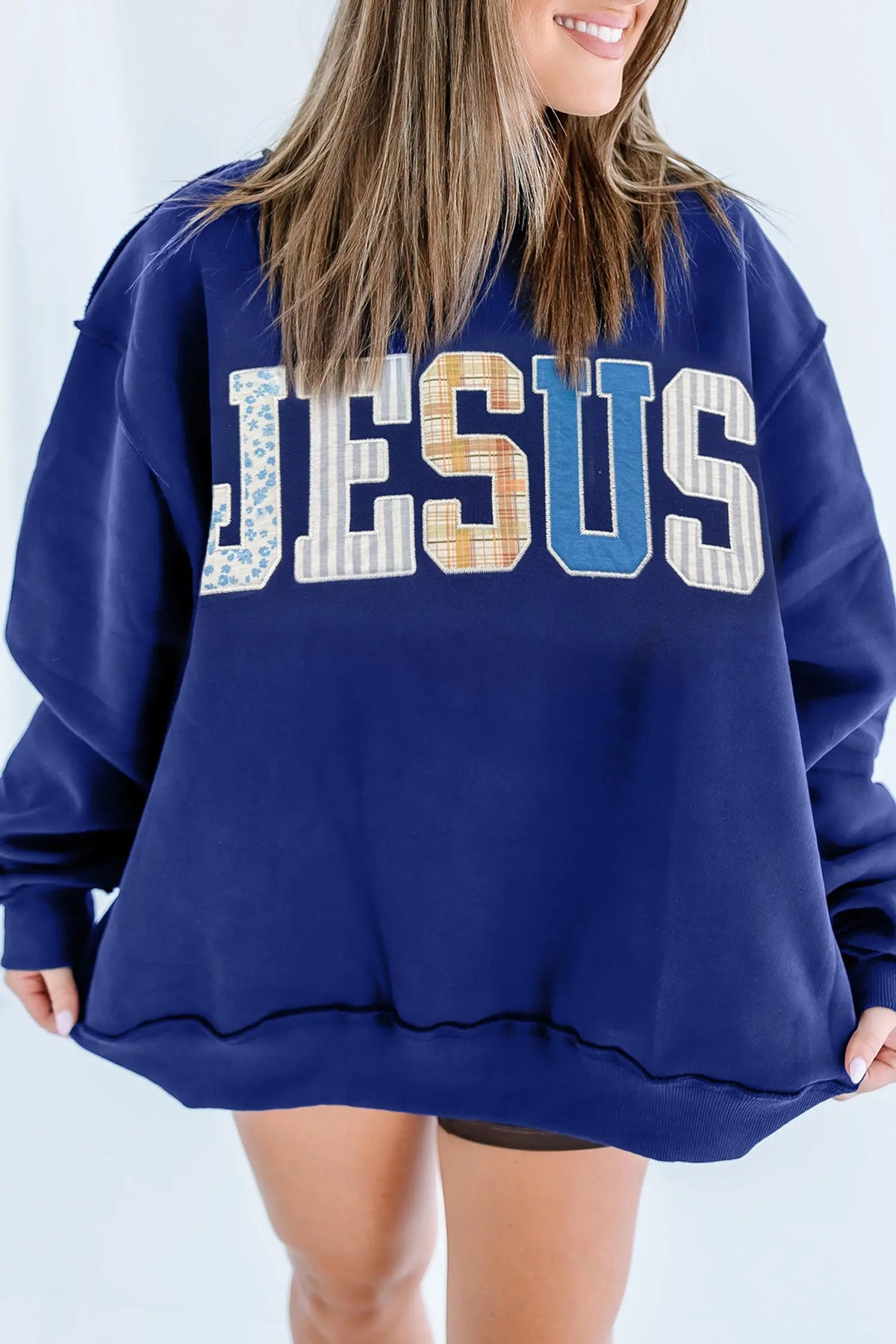 Navy Blue JESUS Mixed Pattern Embroidered Patch Graphic Mock Neck Sweatshirt