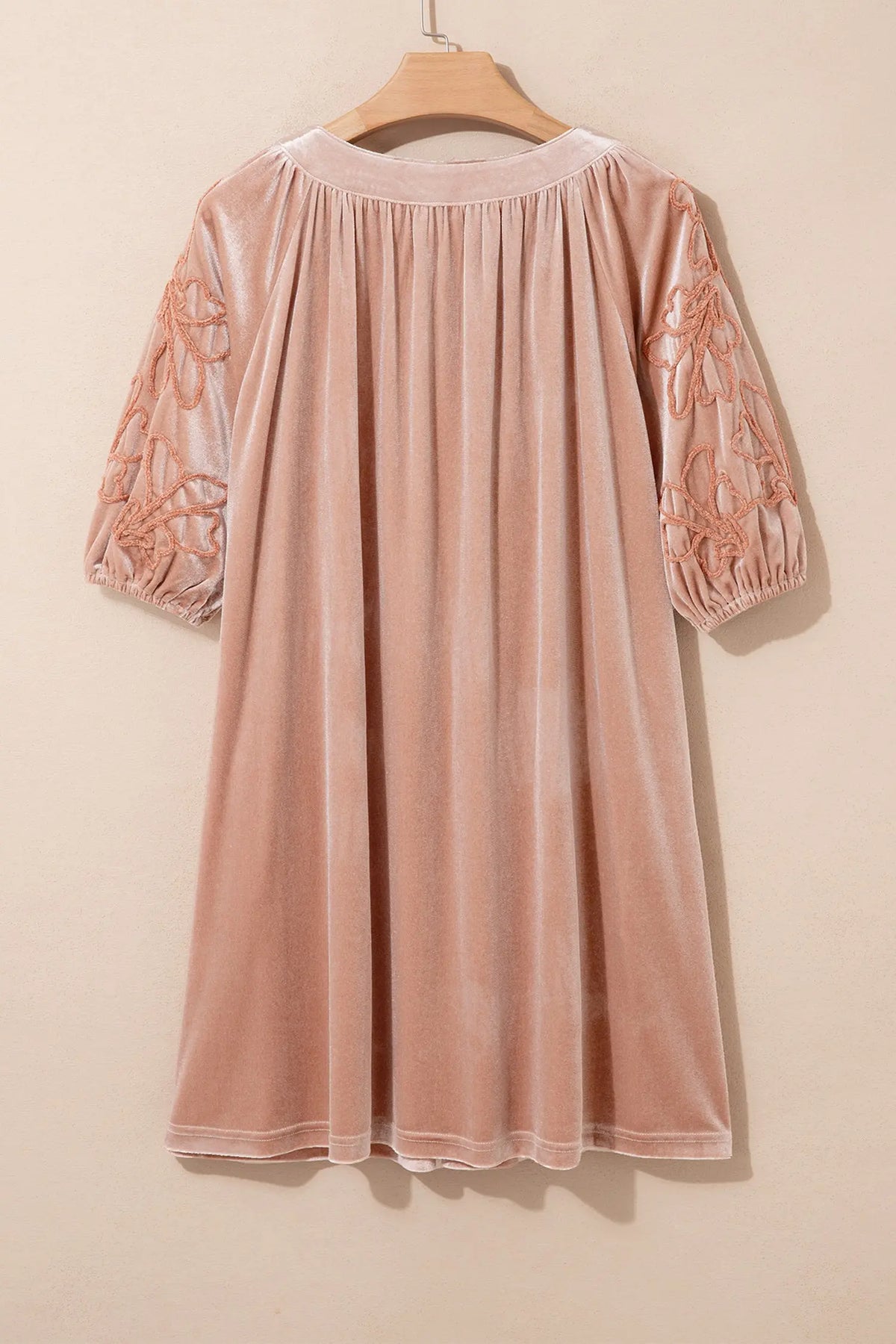 Light French Beige Embroidered Sleeve Velvet Mini Shift Dress hanging view · nz-alt-v1
