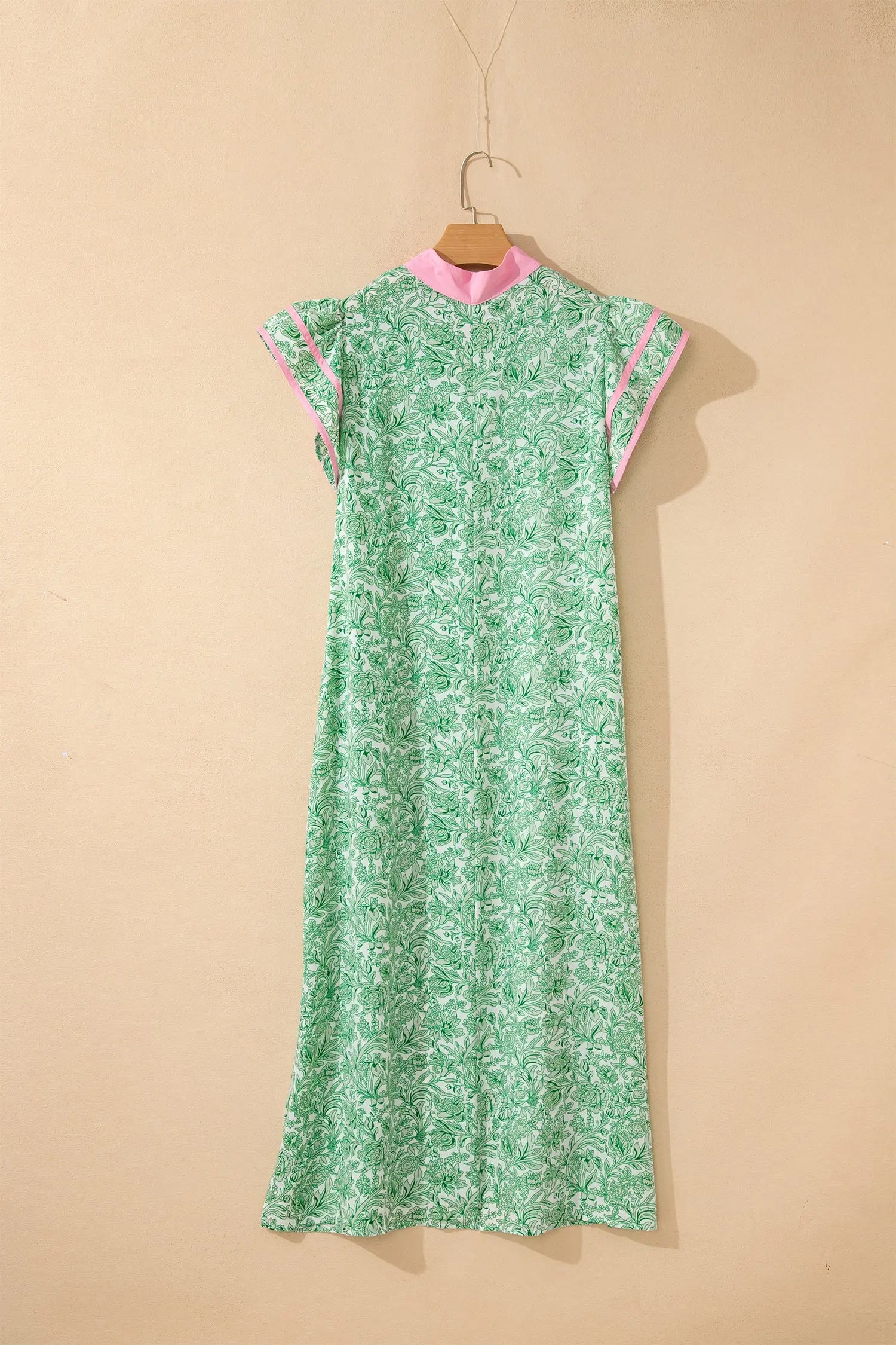 Pink Floral Print Color Block Patchwork V Neck Short Sleeve Midi Dress Nataliz