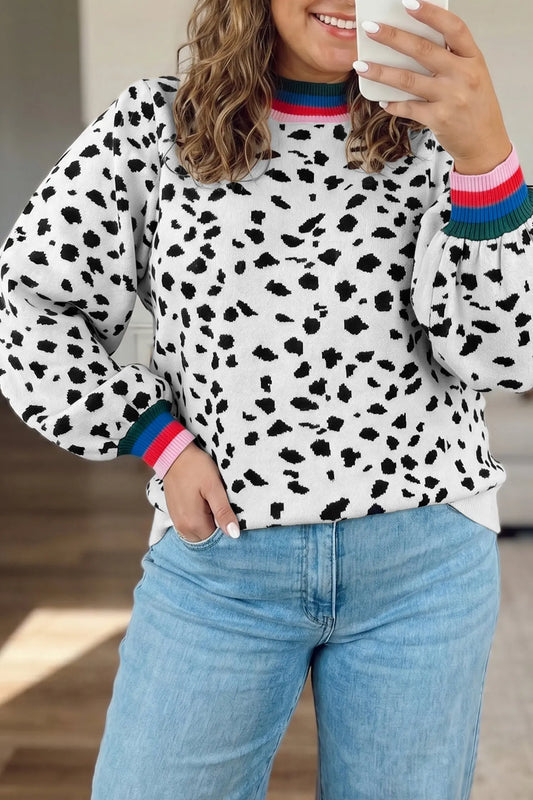 White Leopard Print Colorblock Round Neck Long Sleeve Tunic Plus Size Sweater model front view · nz-alt-v1