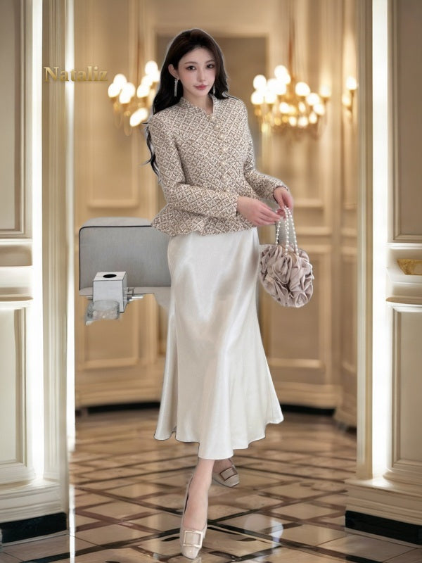 Tweed Peplum Jacket & Satin Maxi Skirt Set model front view
