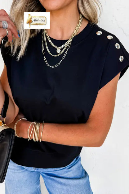 Black Casual Solid Short Sleeve Top with Metal Button Details Key Features Dear-Lover Dropshipping