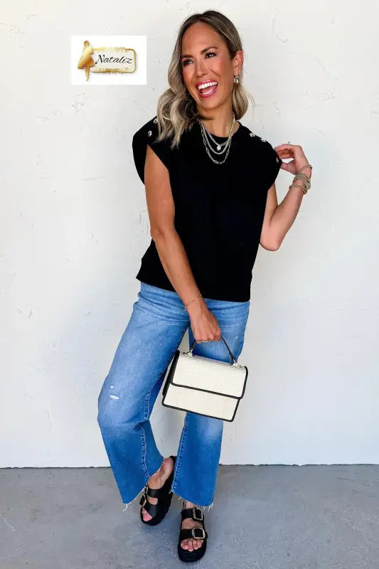 Black Casual Solid Short Sleeve Top with Metal Button Details Key Features Nataliz