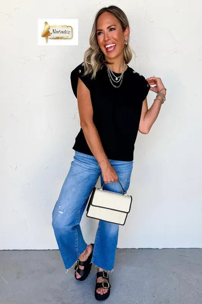 Black Casual Solid Short Sleeve Top with Metal Button Details Key Features Nataliz