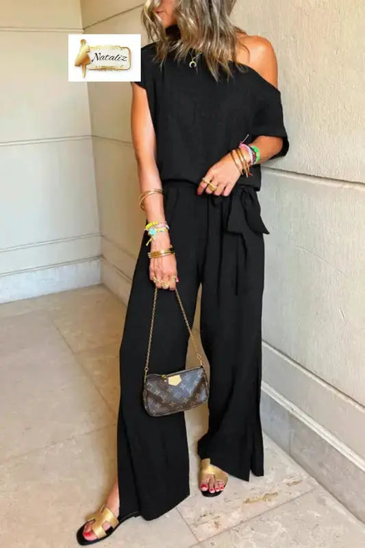 Black Checkered Mesh One Shoulder Short Sleeve Knotted Waist Jumpsuit Dear-Lover Dropshipping