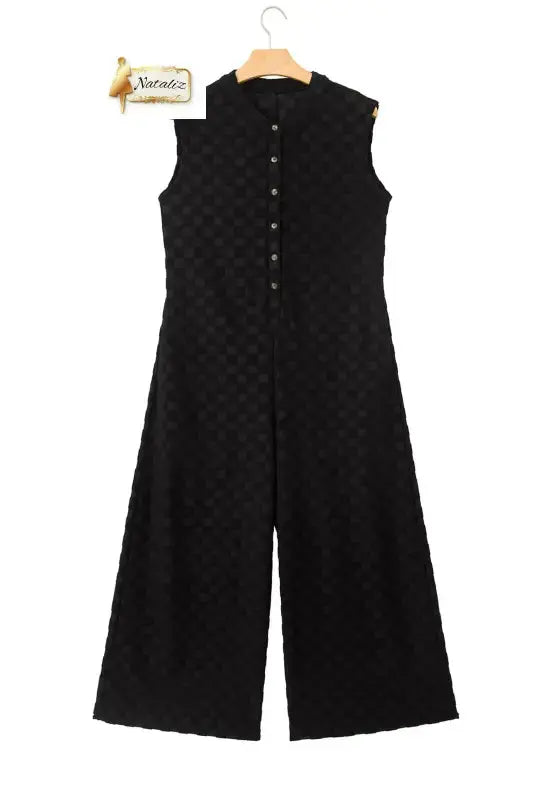 Black Half Buttons Sleeveless Wide Leg Textured Jumpsuit Nataliz