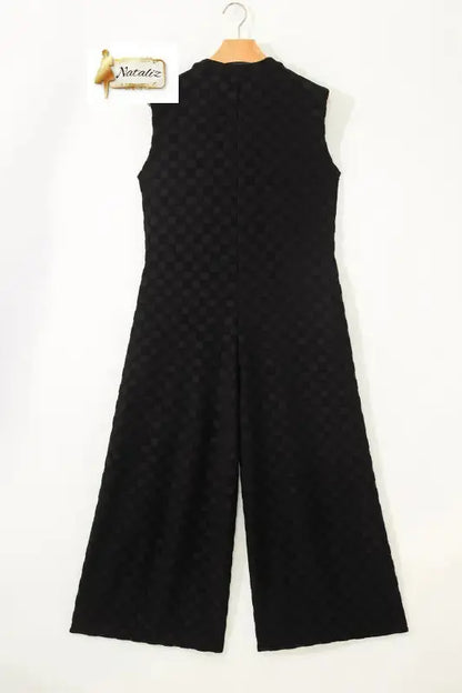Black Half Buttons Sleeveless Wide Leg Textured Jumpsuit Nataliz