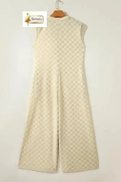 Black Half Buttons Sleeveless Wide Leg Textured Jumpsuit Nataliz