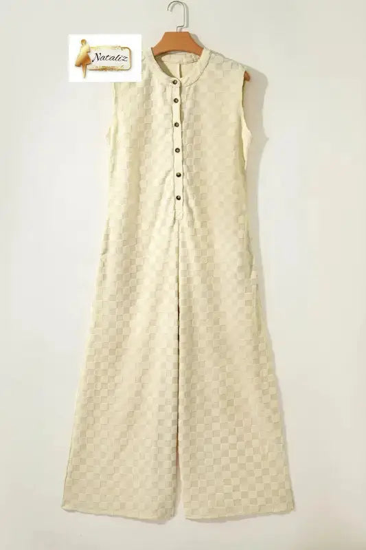 Black Half Buttons Sleeveless Wide Leg Textured Jumpsuit Nataliz