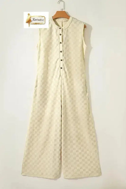 Black Half Buttons Sleeveless Wide Leg Textured Jumpsuit Nataliz