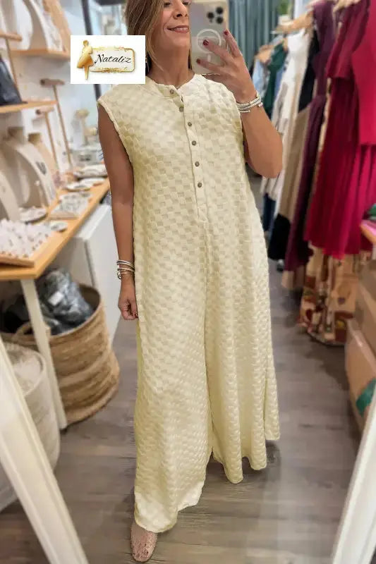 Black Half Buttons Sleeveless Wide Leg Textured Jumpsuit Nataliz