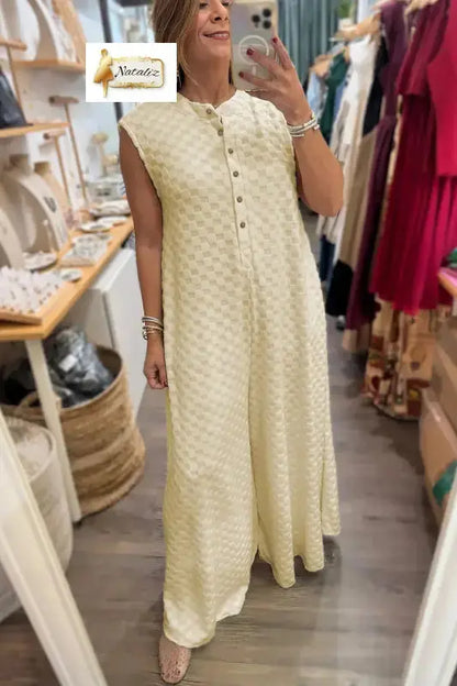 Black Half Buttons Sleeveless Wide Leg Textured Jumpsuit Nataliz