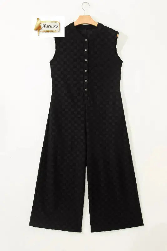 Black Half Buttons Sleeveless Wide Leg Textured Jumpsuit Nataliz