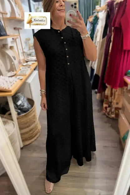 Black Half Buttons Sleeveless Wide Leg Textured Jumpsuit Nataliz