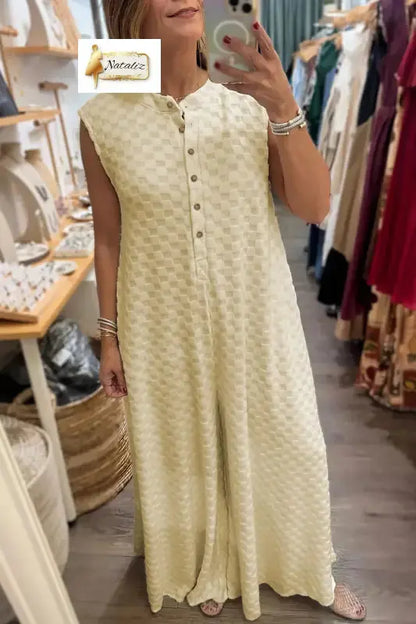 Black Half Buttons Sleeveless Wide Leg Textured Jumpsuit Nataliz