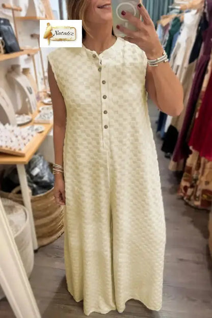 Black Half Buttons Sleeveless Wide Leg Textured Jumpsuit Nataliz