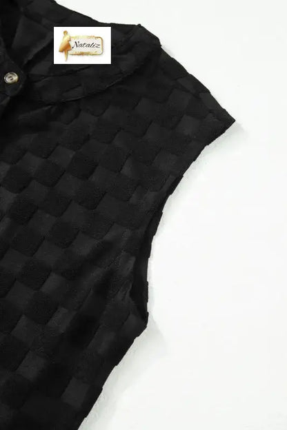 Black Half Buttons Sleeveless Wide Leg Textured Jumpsuit Nataliz