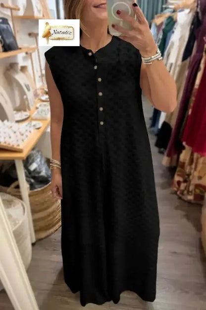 Black Half Buttons Sleeveless Wide Leg Textured Jumpsuit Nataliz