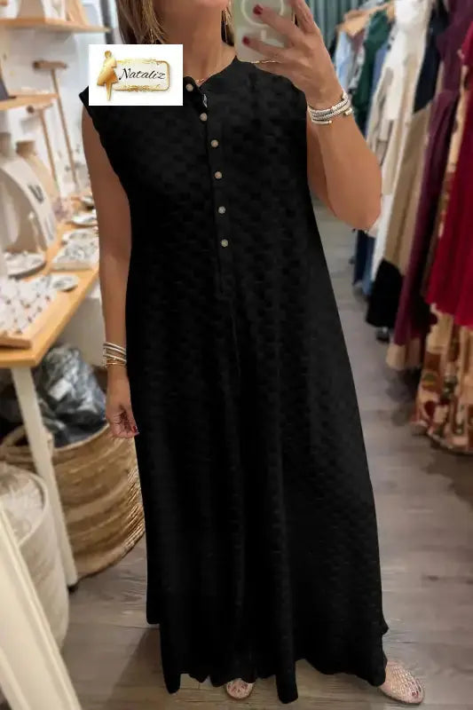 Black Half Buttons Sleeveless Wide Leg Textured Jumpsuit Nataliz