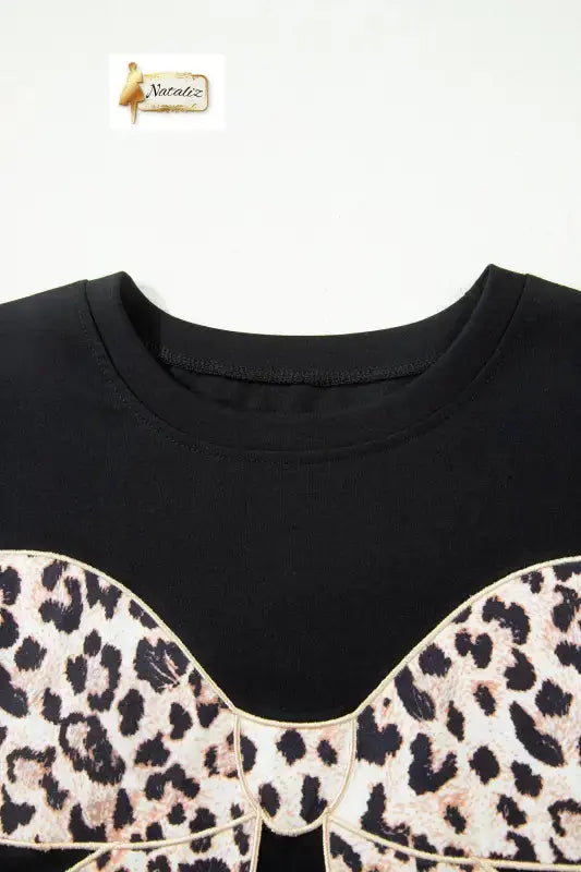 Black Leopard Bow Embroidered 100% Cotton Round Neck T Shirt Nataliz