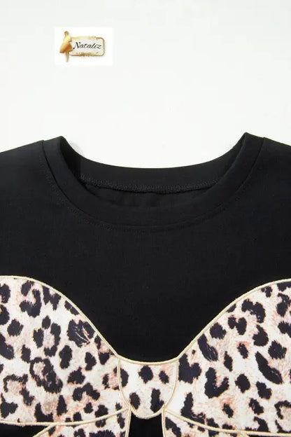 Black Leopard Bow Embroidered 100% Cotton Round Neck T Shirt Nataliz
