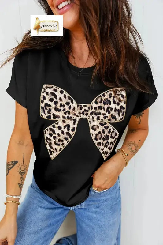 Black Leopard Bow Embroidered 100% Cotton Round Neck T Shirt Nataliz