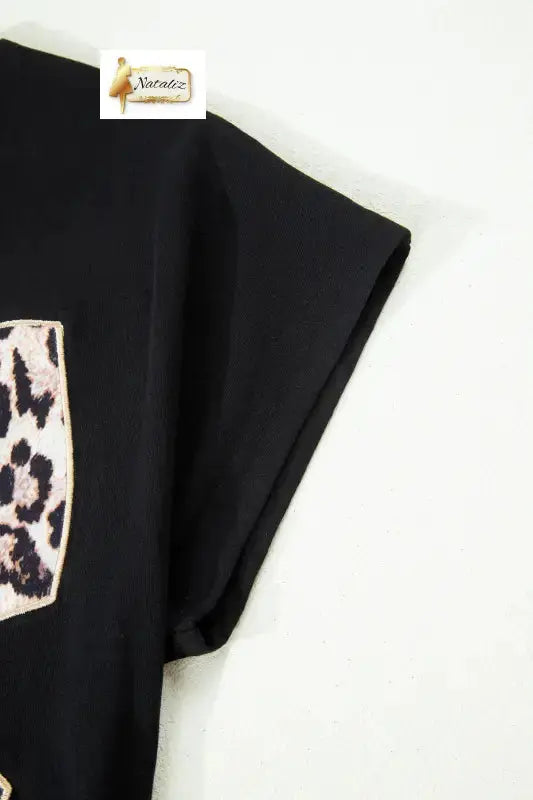 Black Leopard Bow Embroidered 100% Cotton Round Neck T Shirt Nataliz