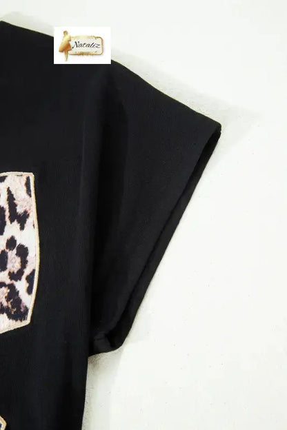 Black Leopard Bow Embroidered 100% Cotton Round Neck T Shirt Nataliz