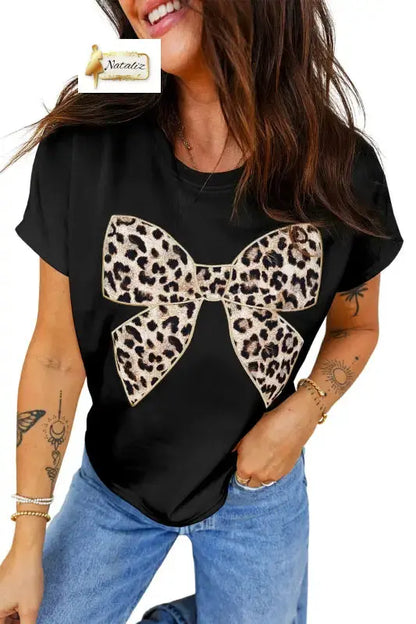 Black Leopard Bow Embroidered 100% Cotton Round Neck T Shirt Nataliz