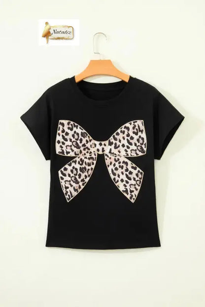 Black Leopard Bow Embroidered 100% Cotton Round Neck T Shirt Nataliz