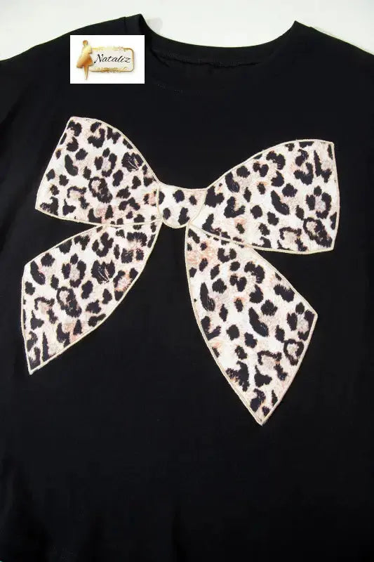 Black Leopard Bow Embroidered 100% Cotton Round Neck T Shirt Nataliz