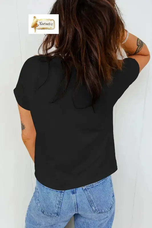 Black Leopard Bow Embroidered 100% Cotton Round Neck T Shirt Nataliz