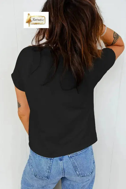 Black Leopard Bow Embroidered 100% Cotton Round Neck T Shirt Nataliz