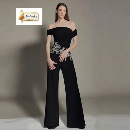 Black Off Shoulder Jumpsuit Rhinestone Bodycon Wide Leg