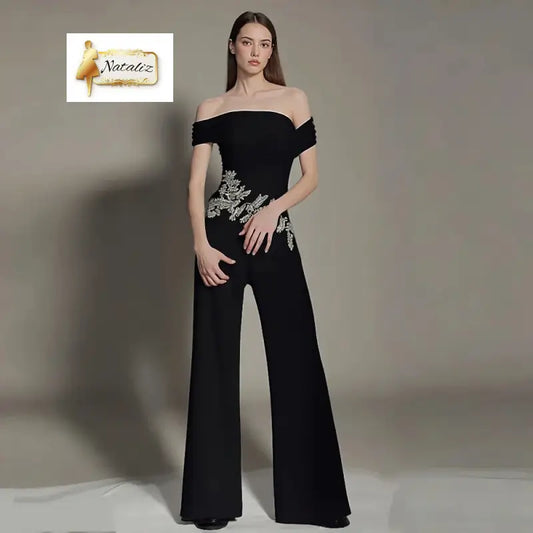 Black Off Shoulder Jumpsuit Rhinestone Bodycon Wide Leg