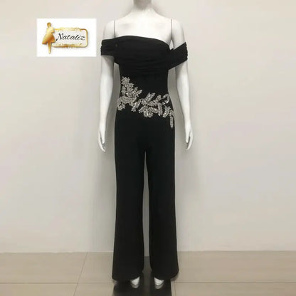 Black Off Shoulder Jumpsuit Rhinestone Bodycon Wide Leg Black / S