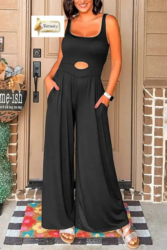Black Peekaboo Wide Leg Square Neck Sleeveless Jumpsuit Dear-Lover Dropshipping