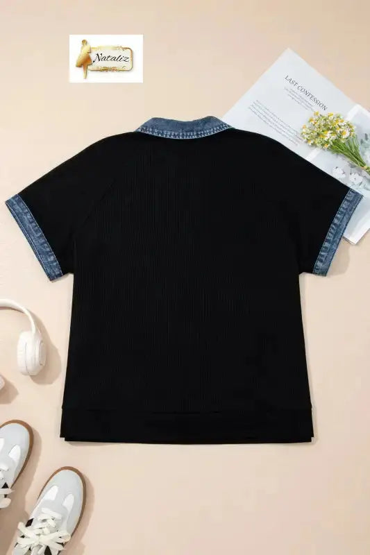 Black Plus Size Textured Contrast Denim Patchwork Button Polo Tee Nataliz